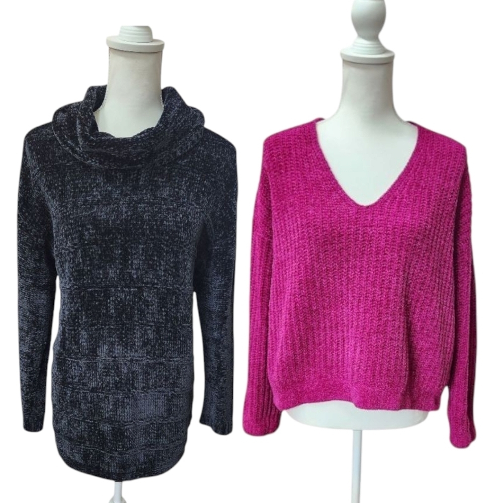 Lot Of 2 Women's Sweaters Black Tribal and  Fuschia Express, Size Medium